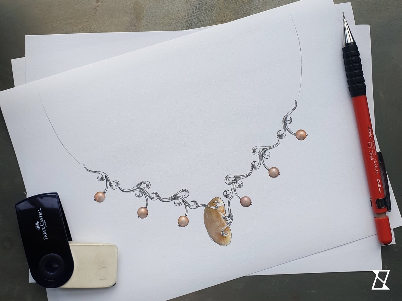 Concept sketch of a necklace with baroque amber and chocolate pearls. 