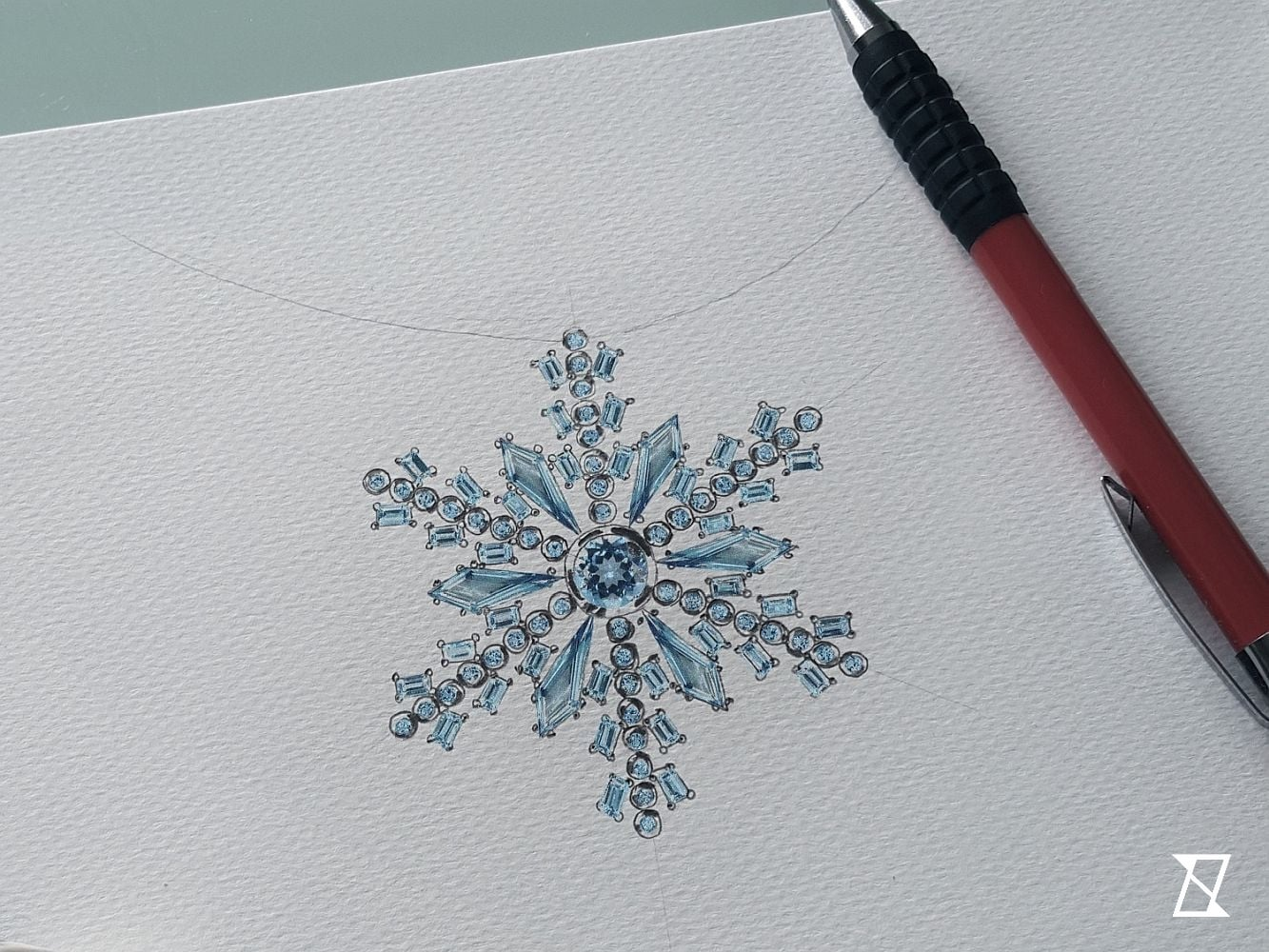 Colored pencil drawing of a bespoke snowflake necklace.