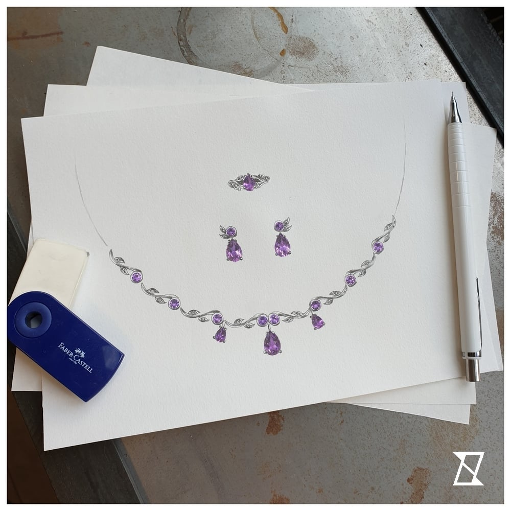 Concept sketch of a jewelry set with Bolivian amethyst and diamonds.